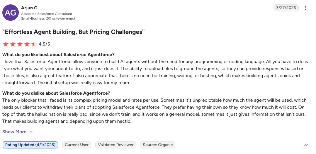 A verified G2 reviewer praises Agentforce building without code, then flags unpredictable pricing and serious hallucination risk.