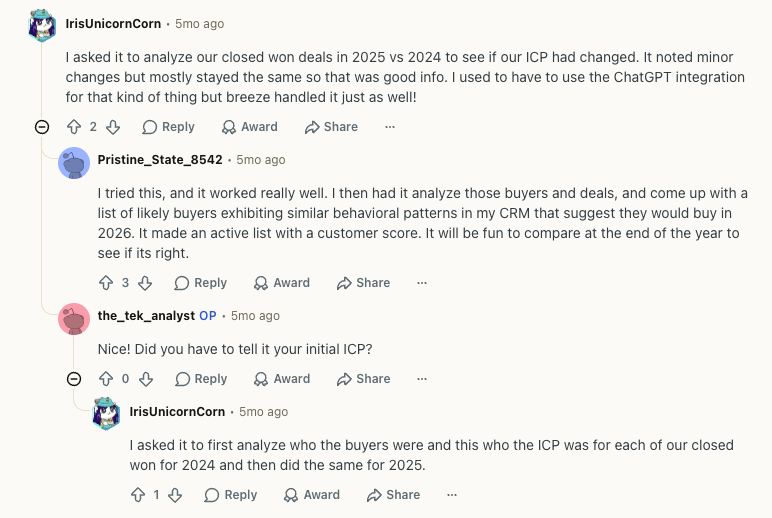 HubSpot users describe Breeze handling CRM research, such as closed-won and ICP analysis, inside the data they already manage.