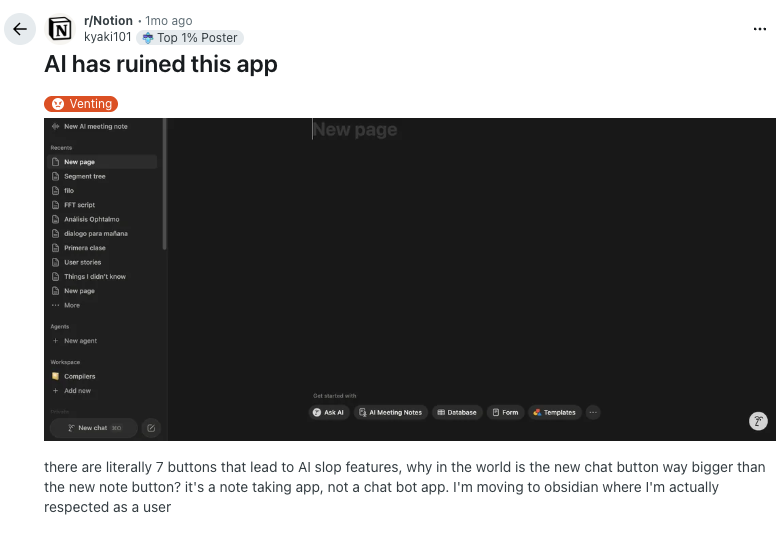 A Notion power user argues that AI has made the app feel more cluttered, with an agent-heavy sidebar as the visible symptom.